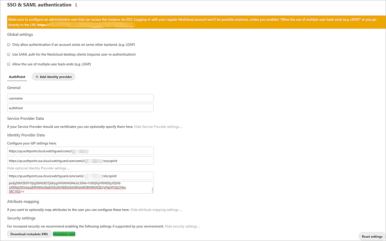 Screenshot of the identity provider configuration.